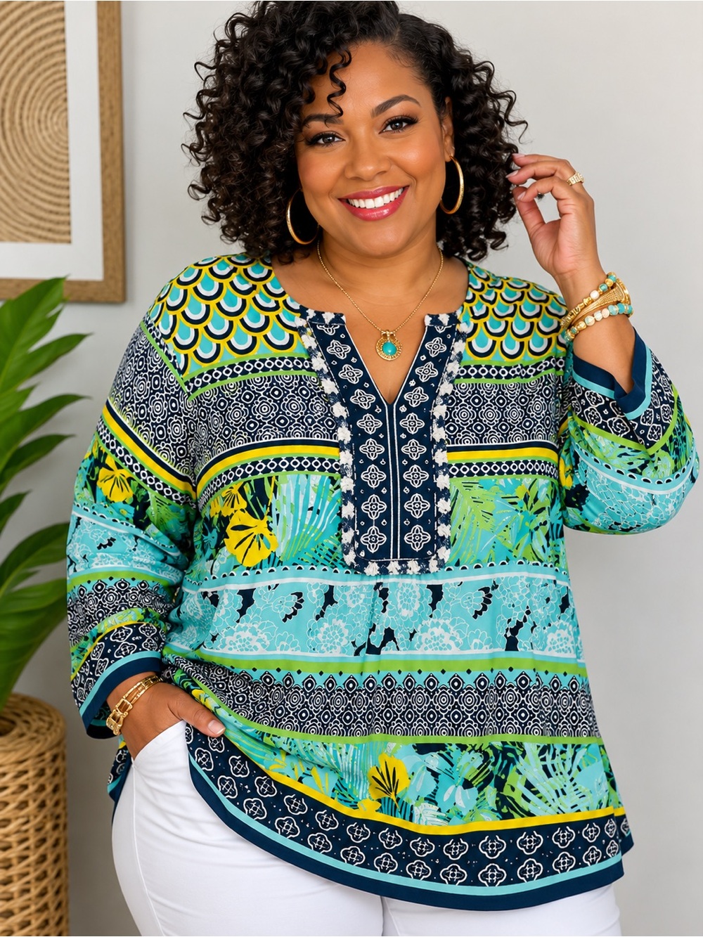 Ruby Rd. XL Boho Tropical Print Tunic Blouse Embroidered Split Neck